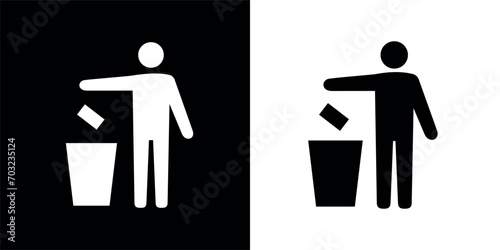 Icon of a man with a trash can (Tidyman), packaging recycling sign. Marking, sing on the packaging, person throws out garbage. photo