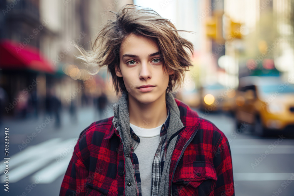 A young American guy with androgynous looks, sporting a trendy, urban outfit in downtown New York City