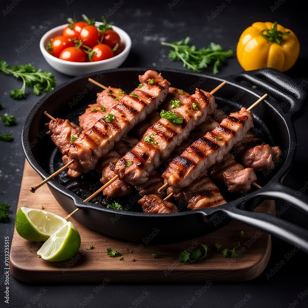 photograph of a freshly fried pork kebab sticks in a pan on a table-dark background with soft-lightening