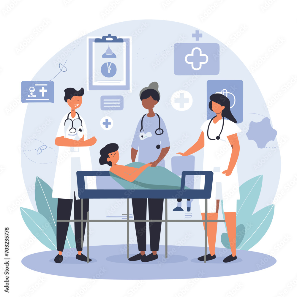 2d vector illustration colorful The medical field and care between the patient, the doctor, the nurse and the hospital