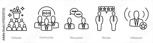 A set of 5 Influencer icons as follower, community, persuasion