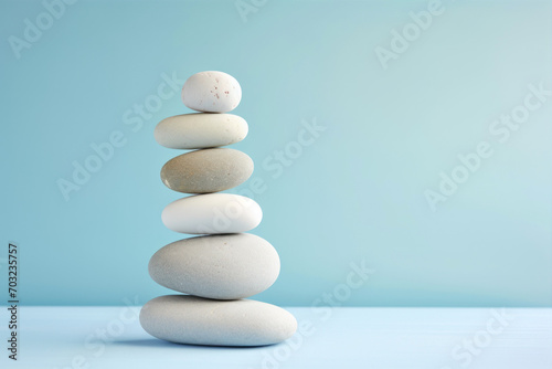 Stack of zen stones on blue background with copy space. Zen concept