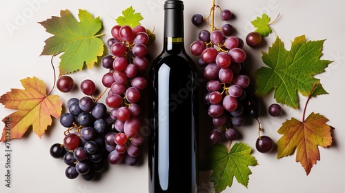 Red and purple grapes with a bottle of red wine