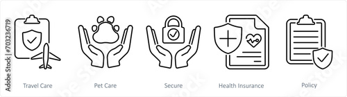 A set of 5 Insurance icons as travel care, pet care, secure