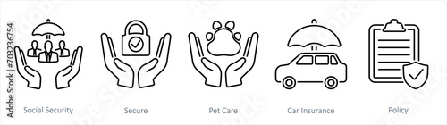 A set of 5 Insurance icons as social security, secure, pet care