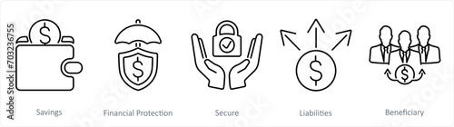 A set of 5 Insurance icons as savings, financial protection, secure