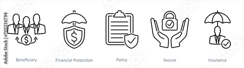 A set of 5 Insurance icons as beneficiary, financial protection, policy