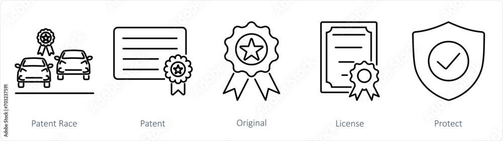 A set of 5 Intellectual Property icons as patent race, patent, original A set of 5 Intellectual Property icons as patent race, patent, original