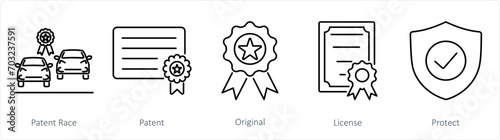 A set of 5 Intellectual Property icons as patent race, patent, original
