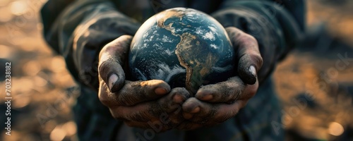 Hands cradling small earth globe with care, symbolizing environmental conservation. Environmental awareness.
