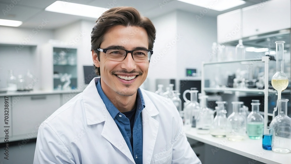 Confident male scientist with glasses smiles in a laboratory setting surrounded by glassware and scientific equipment. Confident male scientist with glasses smiles in a laboratory setting surrounded by glassware and scientific equipment.