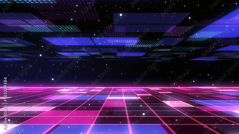 Retro Sci-Fi Background Futuristic Grid landscape of the 80`s. Digital Cyber Surface. Suitable for design in the style of the 1980`s. 3D illustration
