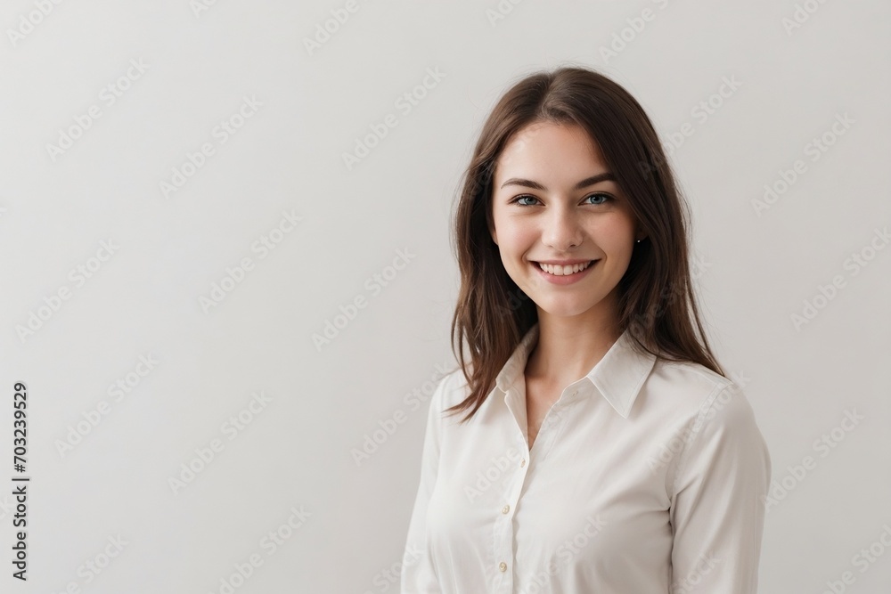 Businesswoman confidently smiling against the white background. Happy businesswoman concept. Businesswoman confidently smiling against the white background. Happy businesswoman concept.