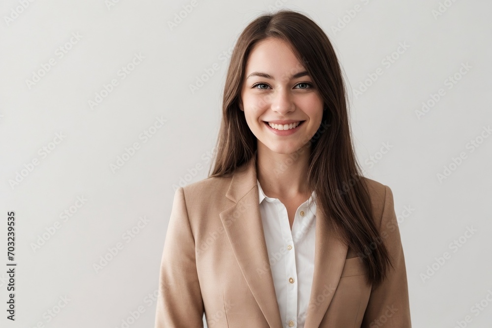 Businesswoman confidently smiling against the white background. Happy businesswoman concept. Businesswoman confidently smiling against the white background. Happy businesswoman concept.