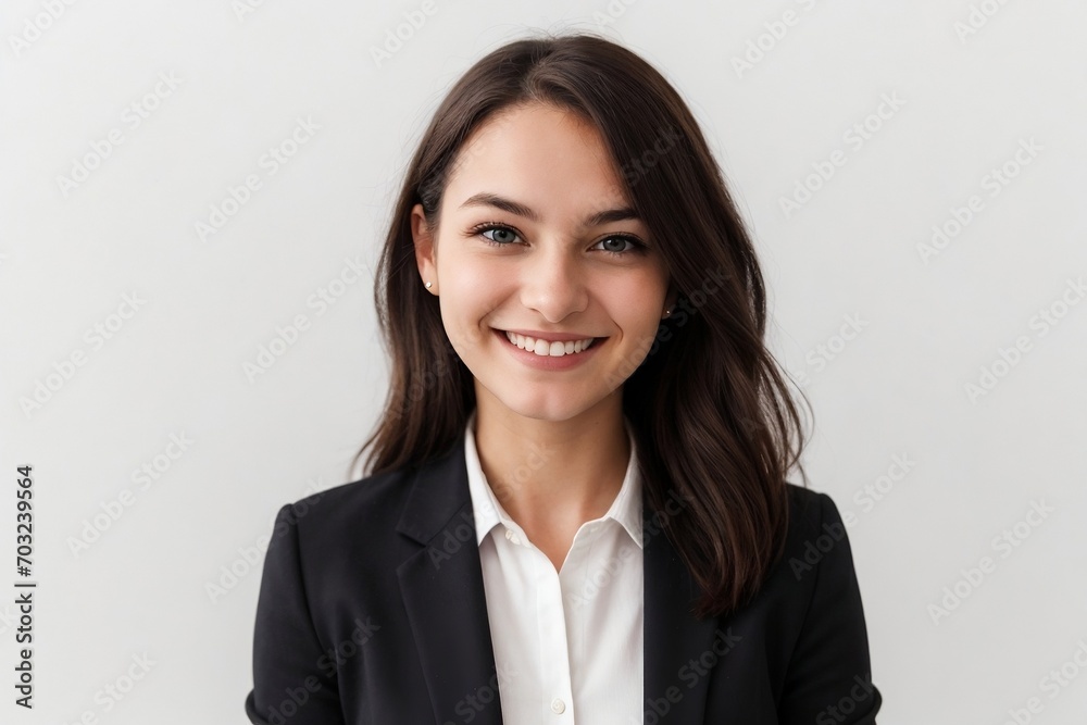 Businesswoman confidently smiling against the white background. Happy businesswoman concept. Businesswoman confidently smiling against the white background. Happy businesswoman concept.