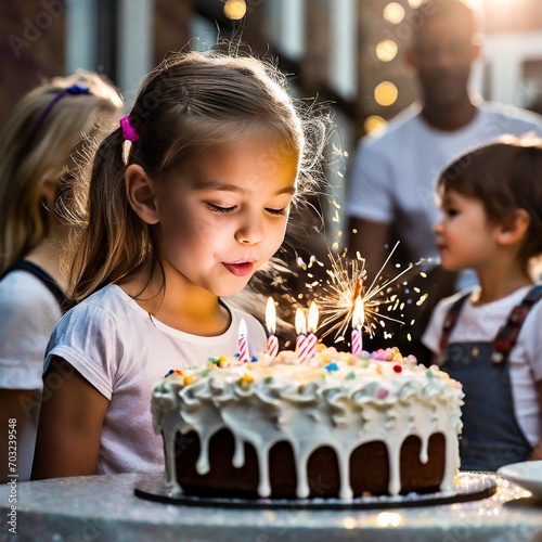 Dziewczynka zdmuchująca świeczki na torcie urodzinowym