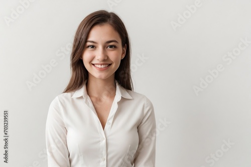 Businesswoman confidently smiling against the white background. Happy businesswoman concept.