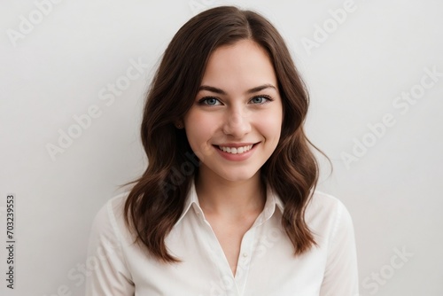 Businesswoman confidently smiling against the white background. Happy businesswoman concept.