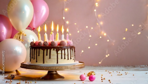 Różowe tło z tortem urodzinowym, świeczkami i balonami photo