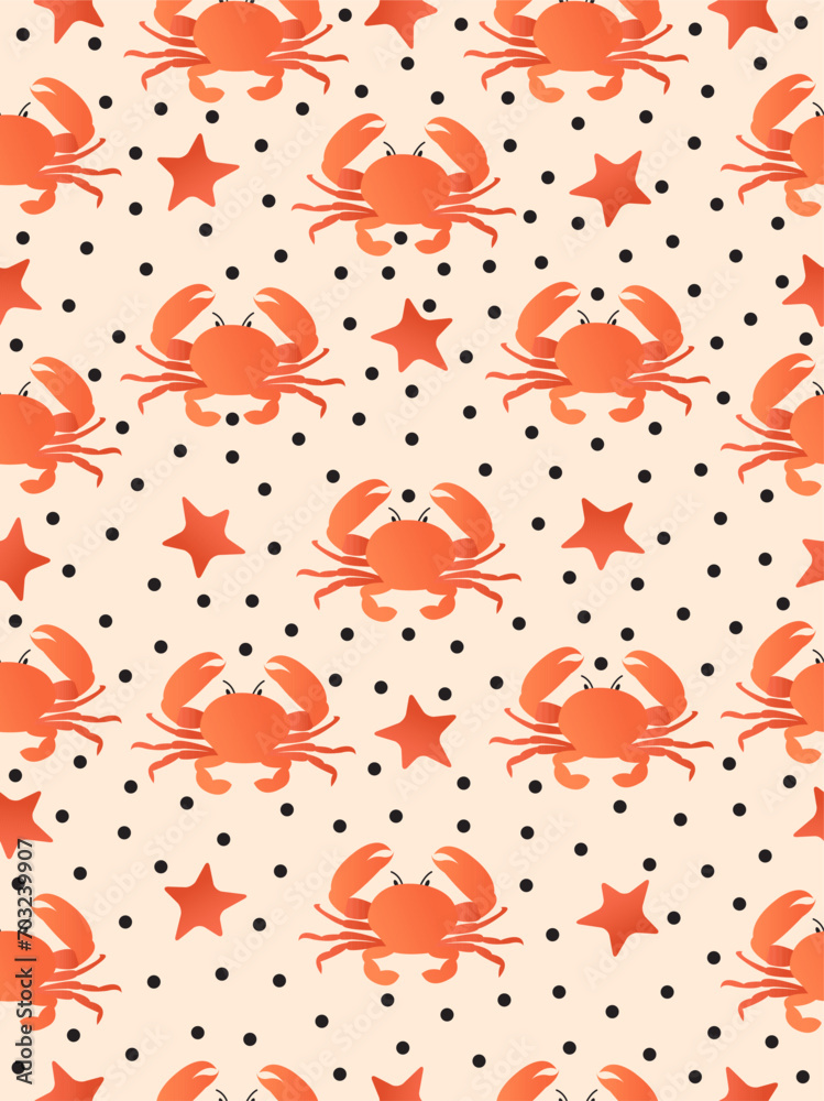 A crab pattern with a starfish on a light pink background.