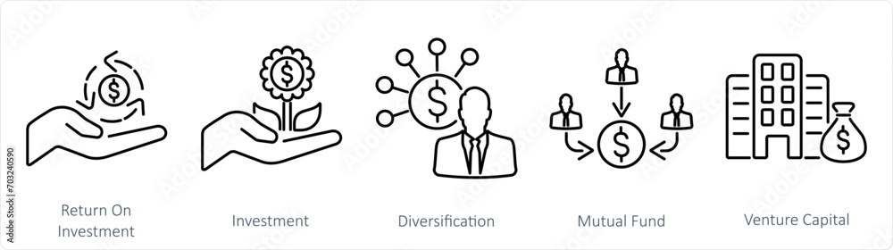 A set of 5 Investment icons as investment, diversification, mutual fund A set of 5 Investment icons as investment, diversification, mutual fund