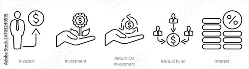 A set of 5 Investment icons as investor, investment, return on investment