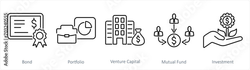 A set of 5 Investment icons as bond, portfolio, venture capital