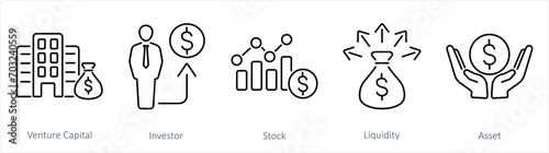 A set of 5 Investment icons as venture capital, investor, stock