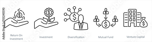 A set of 5 Investment icons as investment, diversification, mutual fund