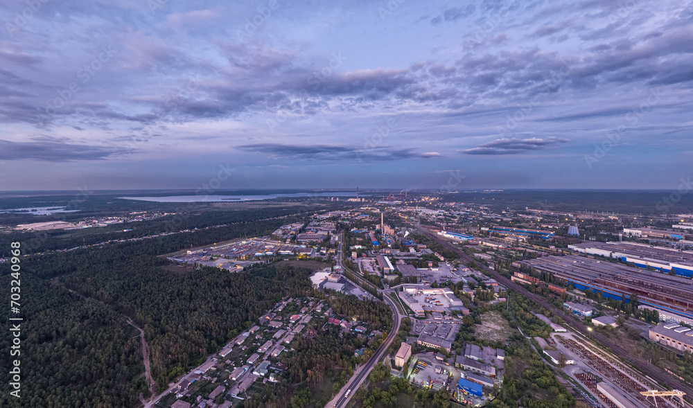 Lipetsk, Russia. Metallurgical plant. Left Bank District. Glow after sunset. Summer. Aerial view