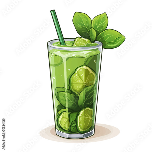 cocktail, mojito, drink, glass, lime, mint, cold, ice, green, alcohol, lemon, isolated, water, white, juice, soda, leaf, rum, fresh, cool, fruit, refreshment, party, beverage, citrus