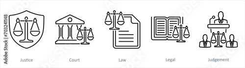 A set of 5 Justice icons as justice, court, law