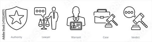 A set of 5 Justice icons as authority, lawyer, warrant