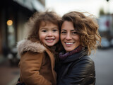 smiling mother and daughter on the street photography, Generative AI