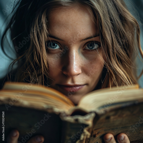 beautiful woman hiding behind an old book photography, Generative AI
