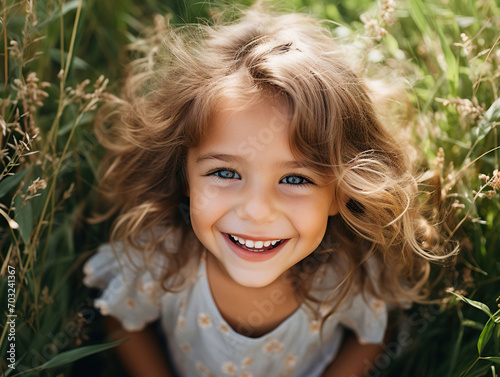 cute little girl with blonde long hair playing in the grass with a big smile photography, Generative AI