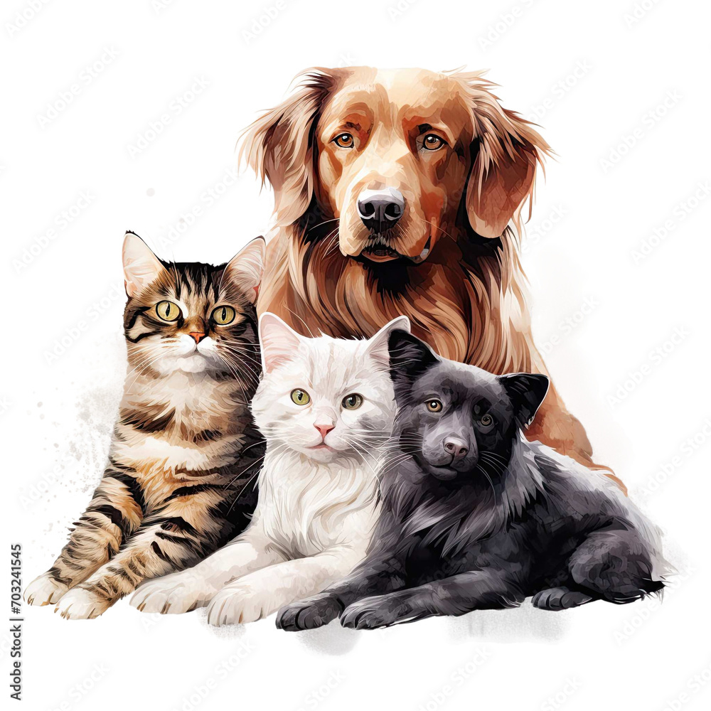  Dogs and cats friends forever on transparent background 