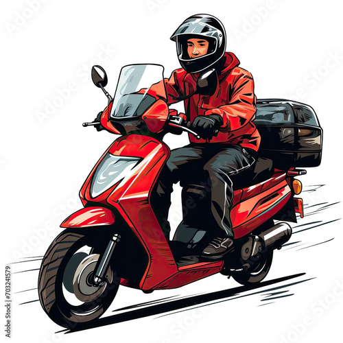 Drawing of a delivery man driving a scooter on a transparent background