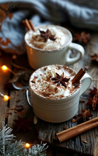 Two cups of hot chocolate with whipped cream, cinnamon and anise on a wooden background