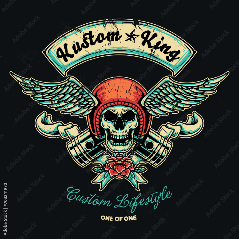 Naklejka premium Kustom King, Winged skull shape emblem and logo, Creative and special illustration art design 