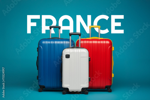 Three suitcases with the colors of the French flag. isolated on blue background ready to travel