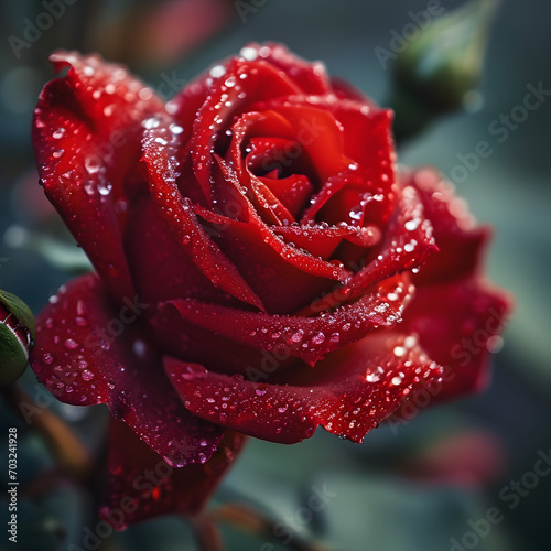 Velvet Dew: Crimson Rose with Morning Droplets