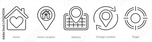 A set of 5 Location icons as home, home location, address