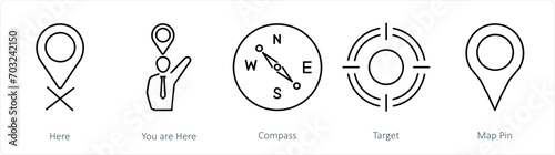 A set of 5 Location icons as here, you are here, compass
