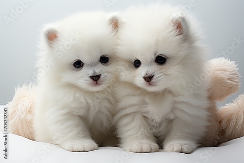 Two cute little white puppies isolated on white surface