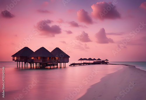 Beautiful Maldives travel destination, soft dreamy hues, national geographic, Illustrations, sunset on beach nature photography. © Mithun