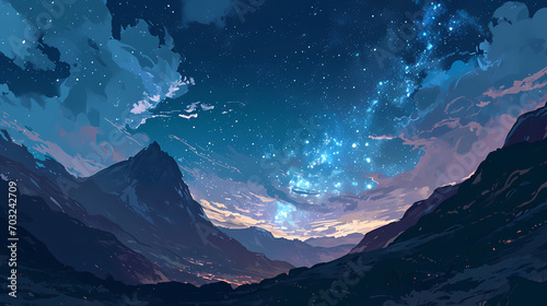 Digital Art of Cosmic Night Sky Over Mountain Landscape