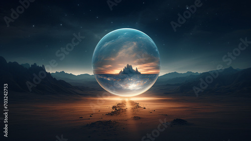 Desert landscape with a light sphere under a star