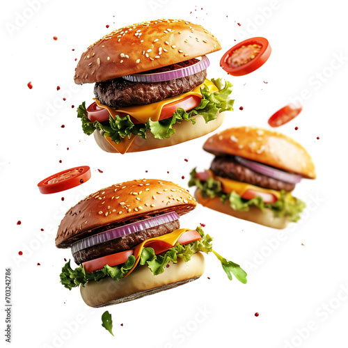 Food photo of Burgers falling  flying in the air isolated on white transparent background, burger composition, grilled meat collection, side view,  ultra realistic, PNG
