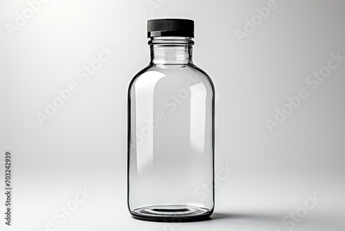 Small transparrent glass bottle for liquids isolated on white surface